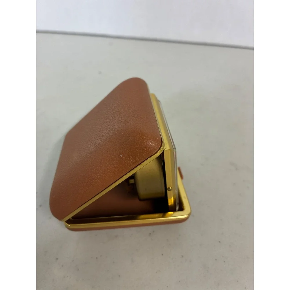 Vintage Equity Travel Alarm Clock Brown Faux‎ Leather Folding Case Gold Tone MCM